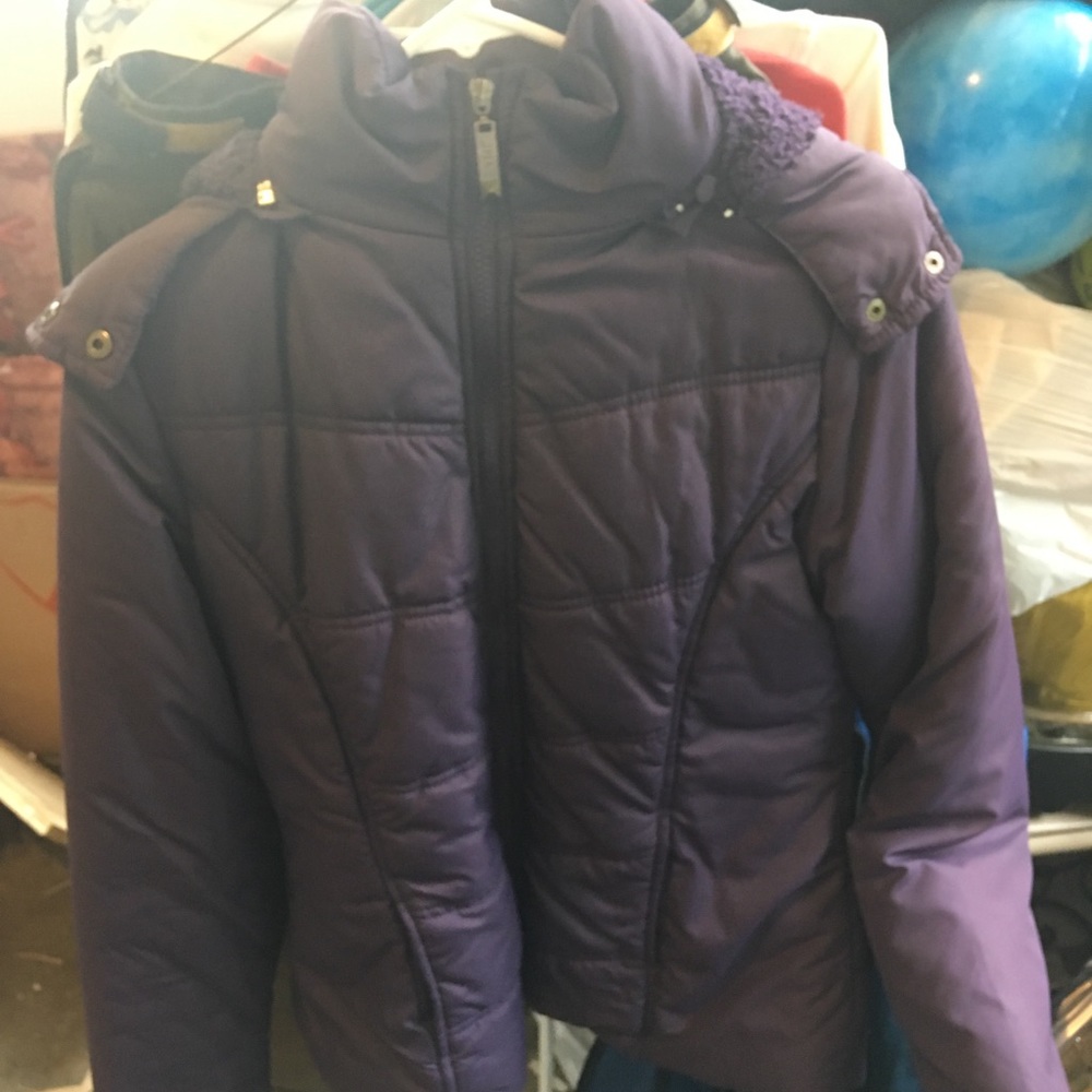 Purple thick coat with fur hood